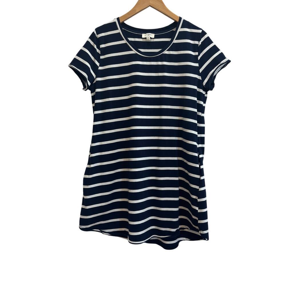 Umgee Women M T-Shirt Navy White Striped Short Sleeve Pocket Cotton Dress Casual